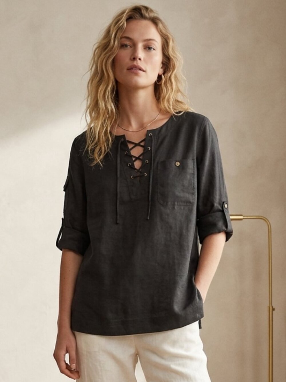 Lauren Ralph Lauren Black Linen Lace-Up Blouse | Roll Tab Sleeve Top Size Large